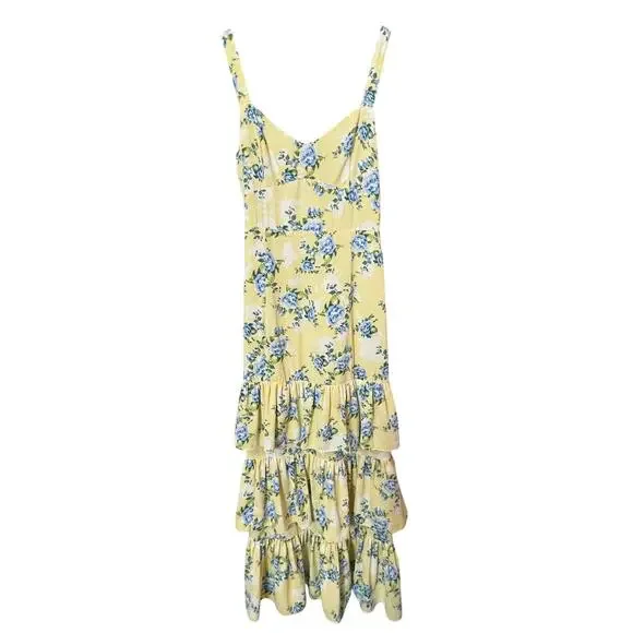 Abercrombie & Fitch Butter Yellow Ruffle Tiered Maxi Dress Blue Floral SZ M EUC - Picture 2 of 13